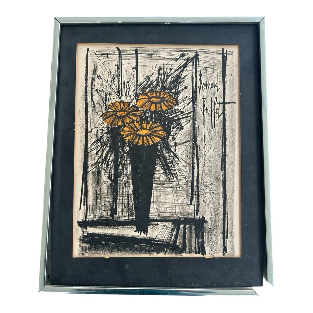 VTG Bernard Buffet Flowers Framed w/COA Lithograph w/Mat Silver Frame READ